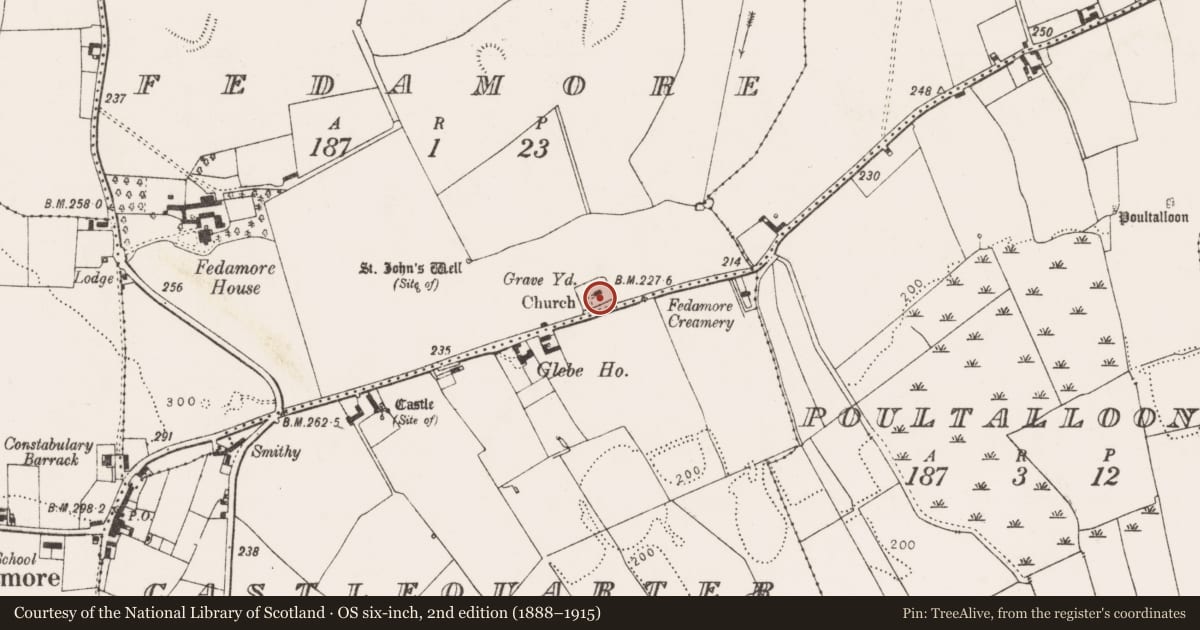 Ordnance Survey six-inch map, 2nd edition (1888–1915) covering the location of Church, Fedamore, County Limerick, with a pin at the register's coordinates