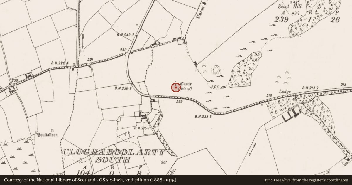 Ordnance Survey six-inch map, 2nd edition (1888–1915) covering the location of Bawn, Skoolhill, County Limerick, with a pin at the register's coordinates