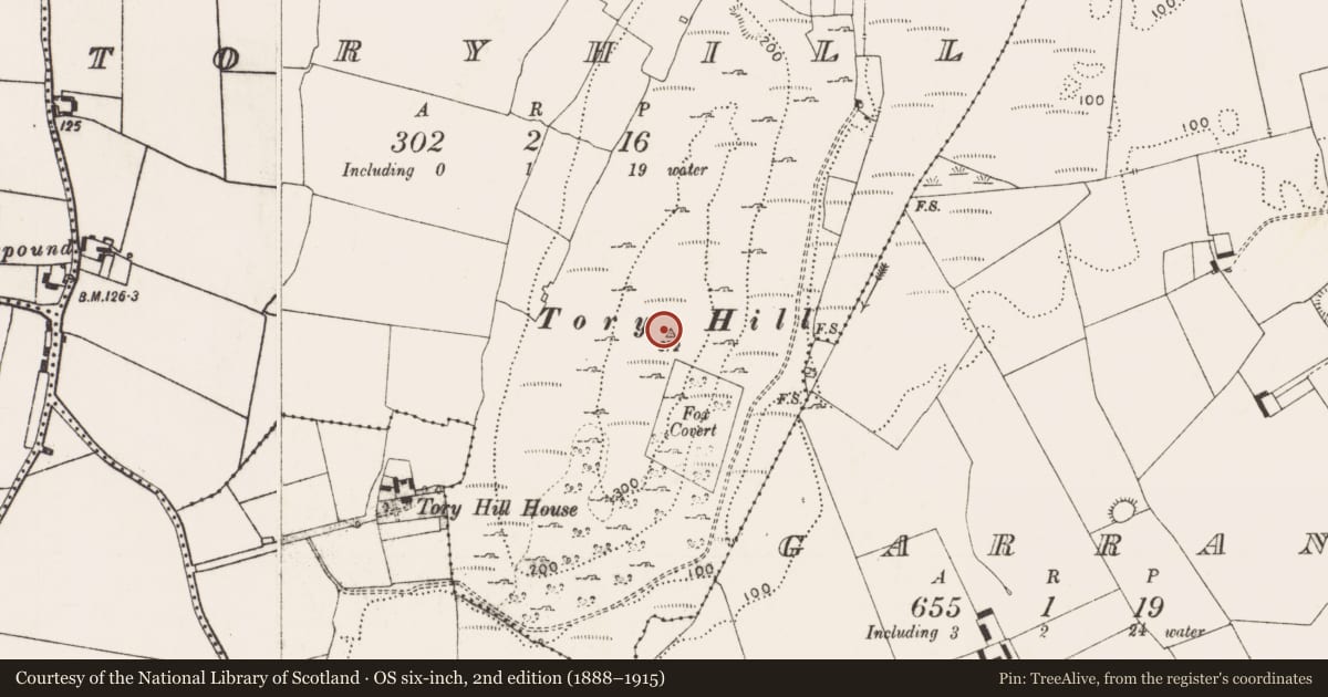 Ordnance Survey six-inch map, 2nd edition (1888–1915) covering the location of Inscribed stone, Toryhill, County Limerick, with a pin at the register's coordinates