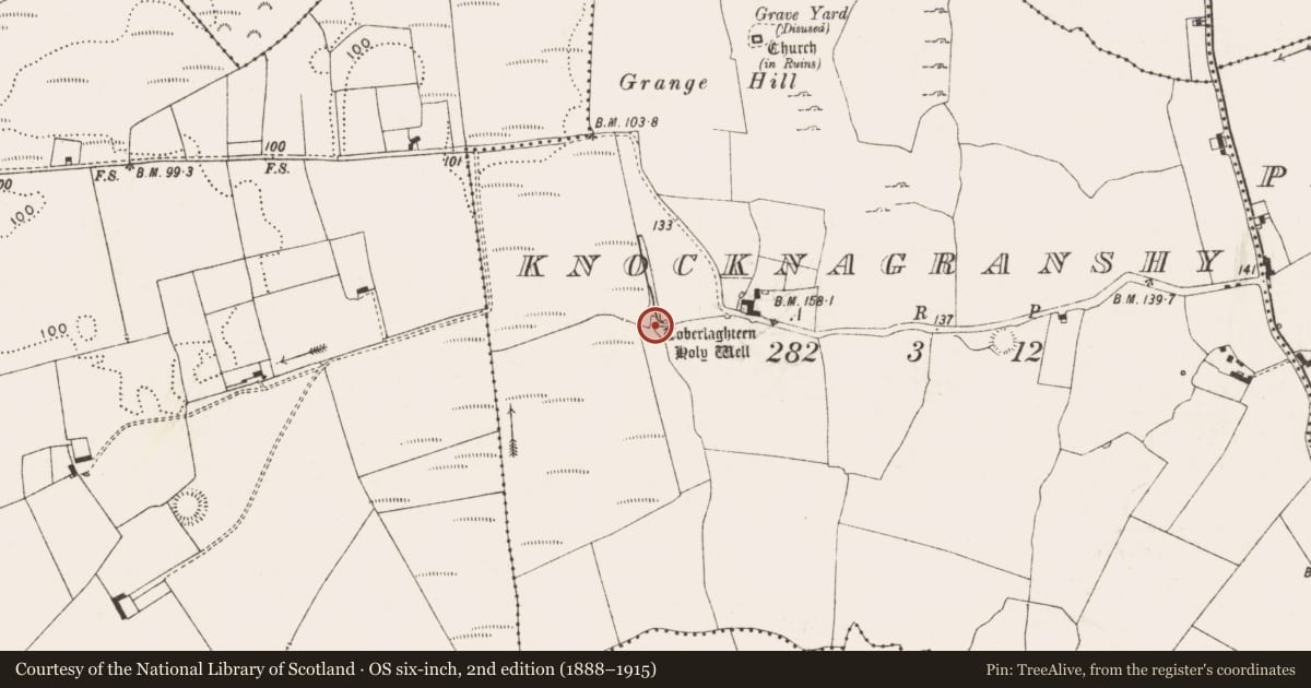 Ordnance Survey six-inch map, 2nd edition (1888–1915) covering the location of Ritual site - holy well, Knocknagranshy, County Limerick, with a pin at the register's coordinates