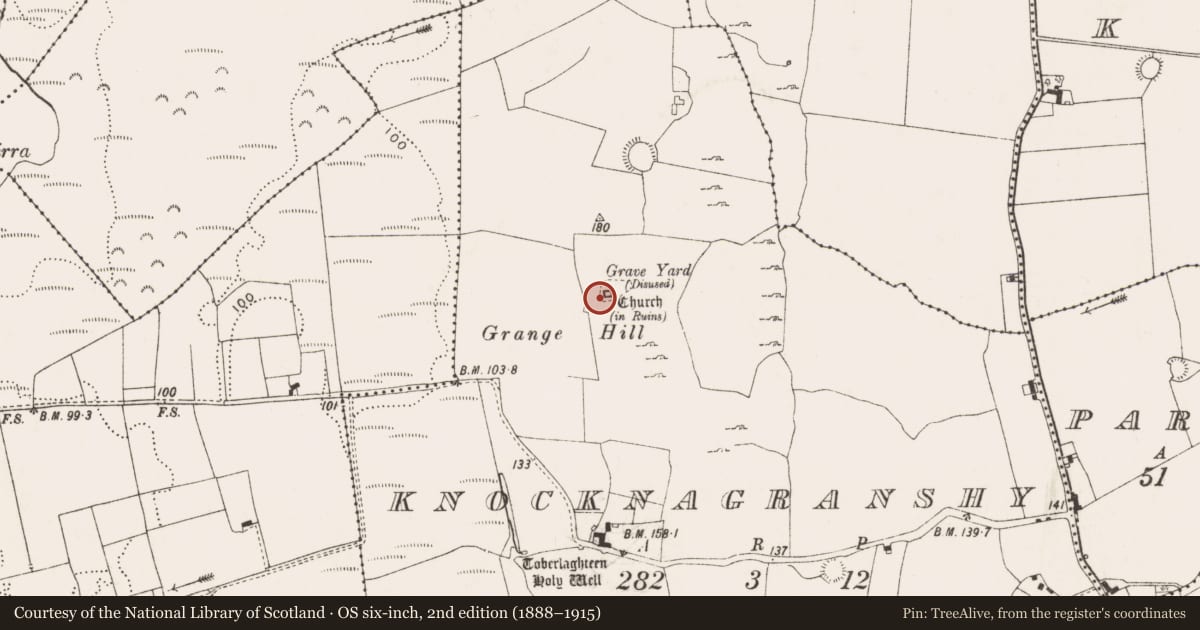 Ordnance Survey six-inch map, 2nd edition (1888–1915) covering the location of Church, Knocknagranshy, County Limerick, with a pin at the register's coordinates