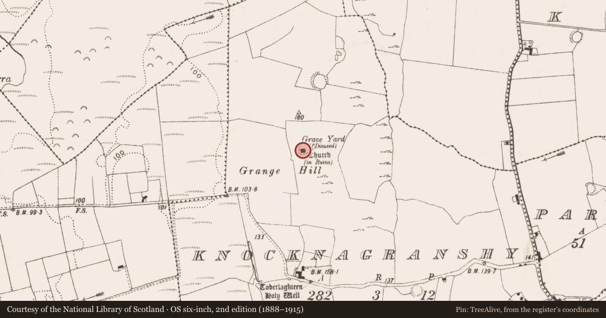 Ordnance Survey six-inch map, 2nd edition (1888–1915) covering the location of Graveyard, Knocknagranshy, County Limerick, with a pin at the register's coordinates