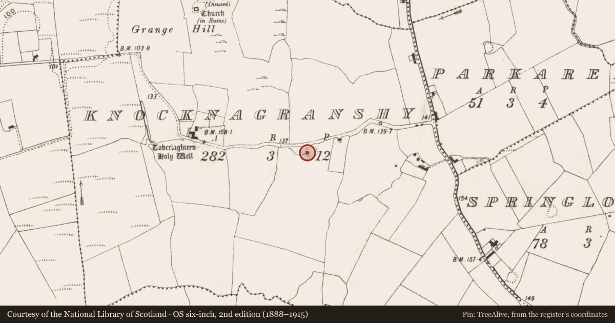 Ordnance Survey six-inch map, 2nd edition (1888–1915) covering the location of Ringfort - rath, Knocknagranshy, County Limerick, with a pin at the register's coordinates
