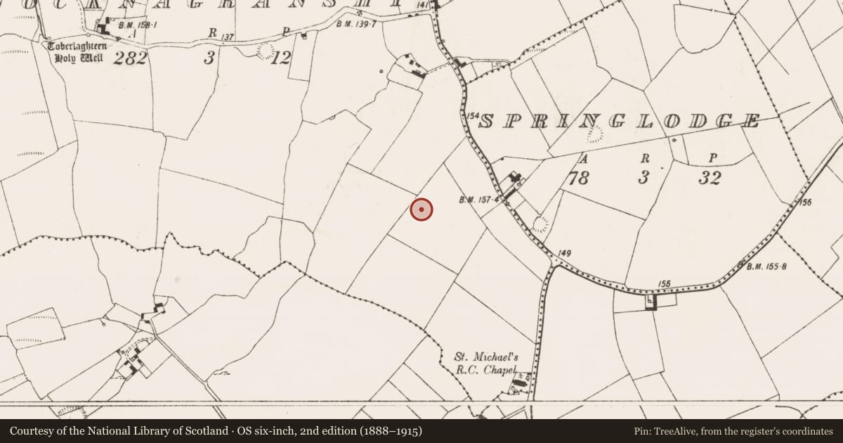 Ordnance Survey six-inch map, 2nd edition (1888–1915) covering the location of Enclosure, Knocknagranshy, County Limerick, with a pin at the register's coordinates
