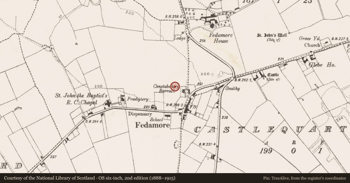 Ordnance Survey six-inch map, 2nd edition (1888–1915) covering the location of Enclosure, Ballyea, County Limerick, with a pin at the register's coordinates