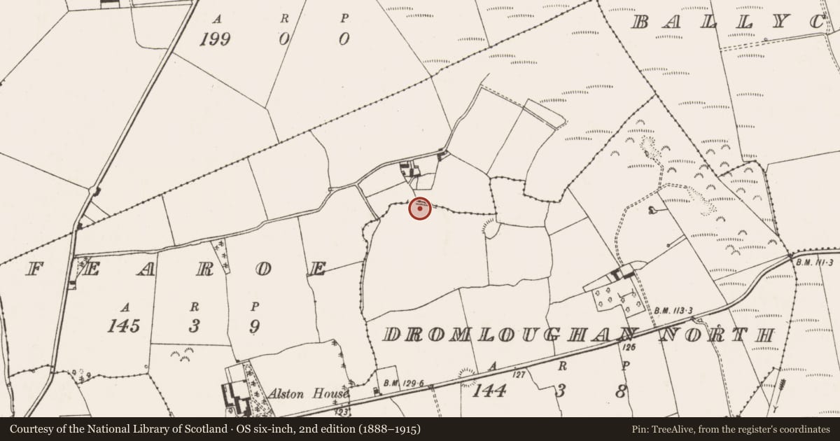Ordnance Survey six-inch map, 2nd edition (1888–1915) covering the location of Enclosure, Dromloughan North, County Limerick, with a pin at the register's coordinates
