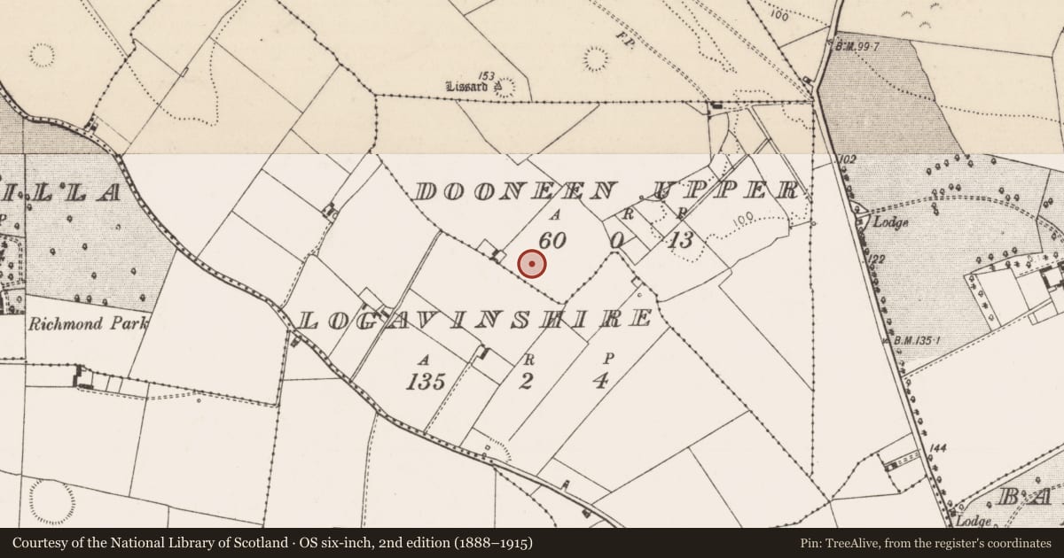 Ordnance Survey six-inch map, 2nd edition (1888–1915) covering the location of Enclosure, Dooneen Upper, County Limerick, with a pin at the register's coordinates