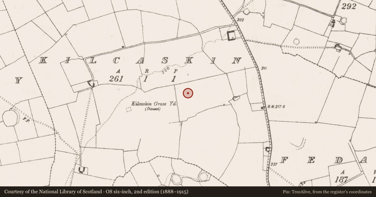 Ordnance Survey six-inch map, 2nd edition (1888–1915) covering the location of Barrow - ring-barrow, Kilcaskin, County Limerick, with a pin at the register's coordinates