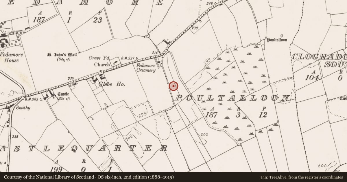 Ordnance Survey six-inch map, 2nd edition (1888–1915) covering the location of Barrow - ring-barrow, Poultalloon, County Limerick, with a pin at the register's coordinates