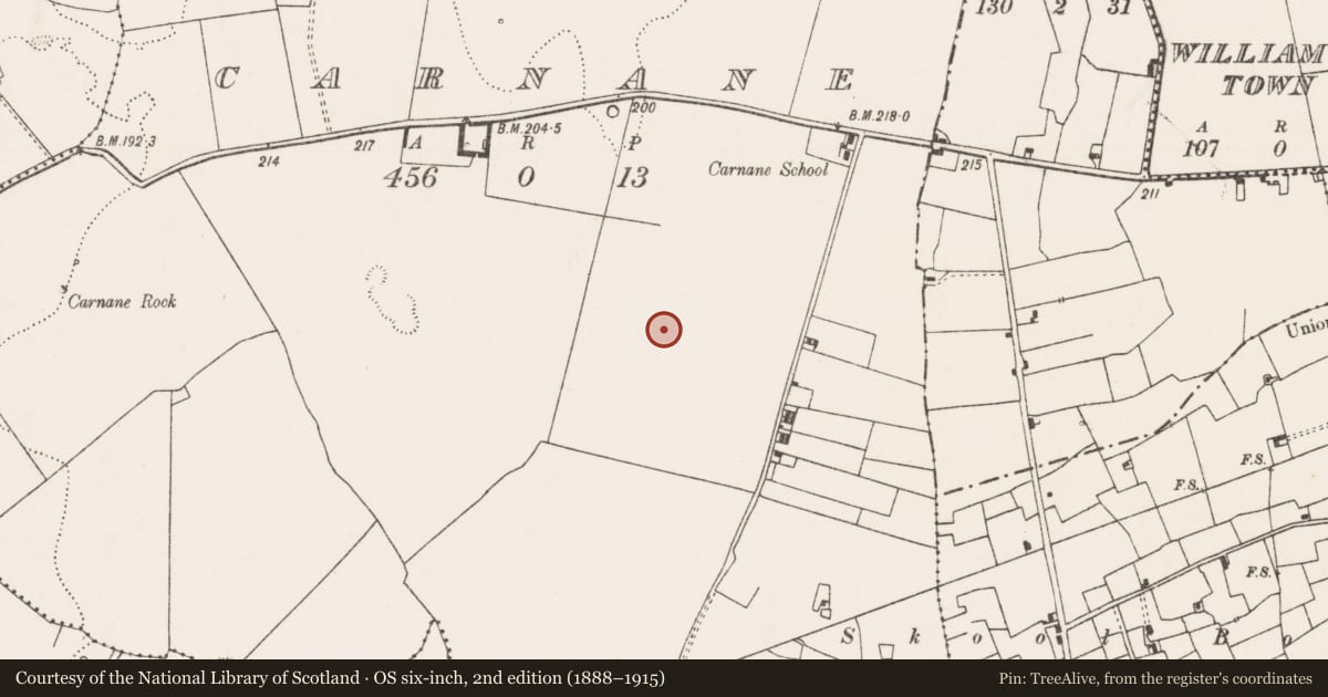 Ordnance Survey six-inch map, 2nd edition (1888–1915) covering the location of Enclosure, Carnane, County Limerick, with a pin at the register's coordinates