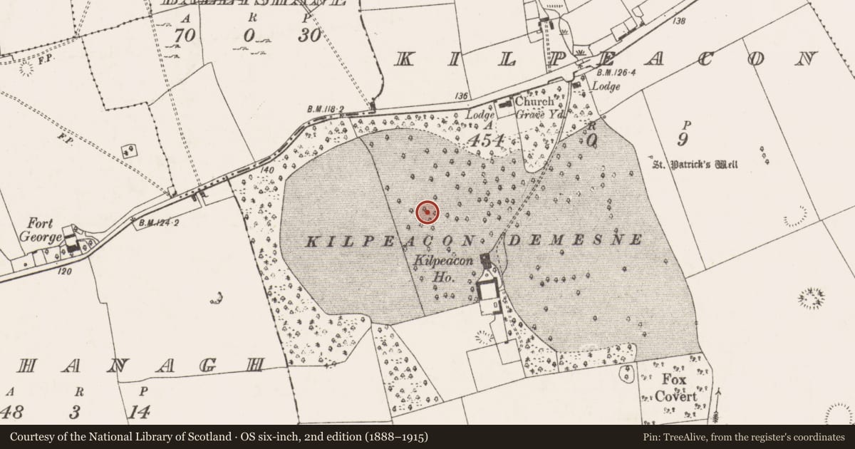 Ordnance Survey six-inch map, 2nd edition (1888–1915) covering the location of Ringfort - rath, Kilpeacon, County Limerick, with a pin at the register's coordinates