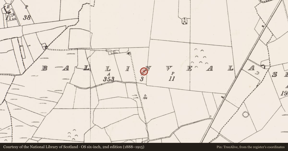 Ordnance Survey six-inch map, 2nd edition (1888–1915) covering the location of Enclosure, Ballinveala, County Limerick, with a pin at the register's coordinates