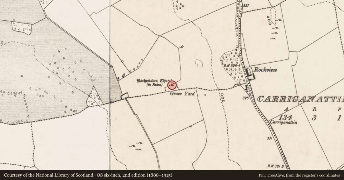 Ordnance Survey six-inch map, 2nd edition (1888–1915) covering the location of Church, Rochestown, County Limerick, with a pin at the register's coordinates