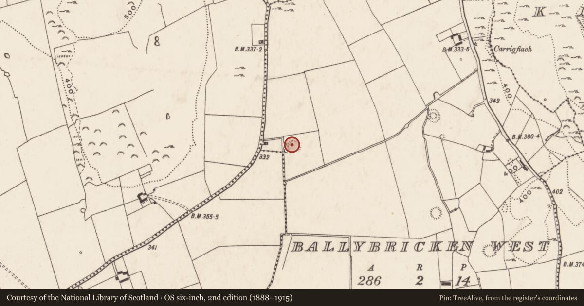 Ordnance Survey six-inch map, 2nd edition (1888–1915) covering the location of Barrow - ring-barrow, Ballybricken West, County Limerick, with a pin at the register's coordinates