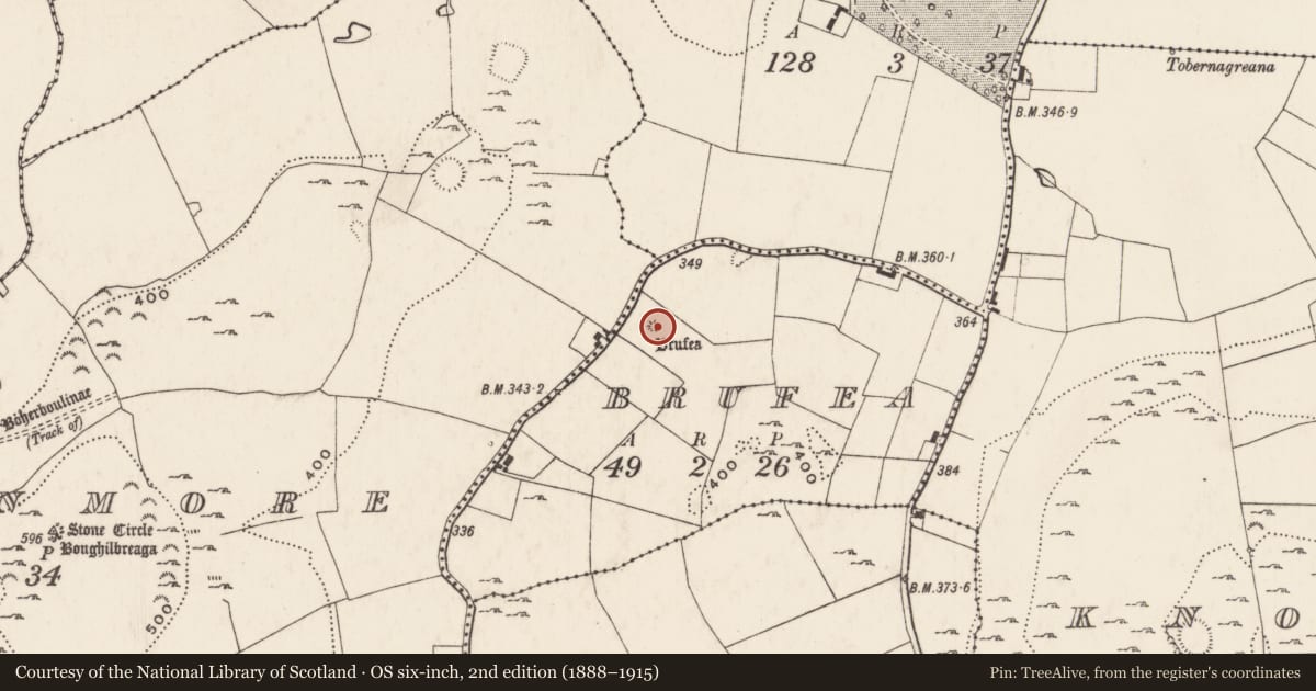 Ordnance Survey six-inch map, 2nd edition (1888–1915) covering the location of Mound, Brufea, County Limerick, with a pin at the register's coordinates