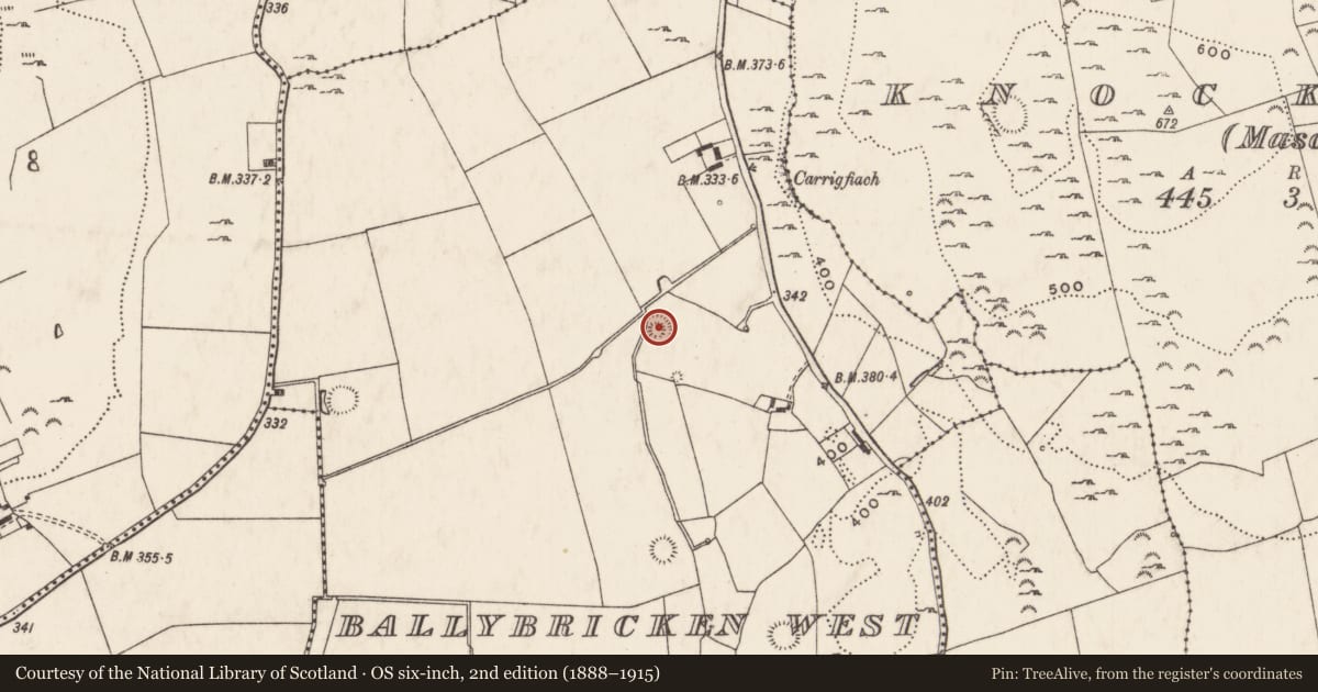 Ordnance Survey six-inch map, 2nd edition (1888–1915) covering the location of Barrow - ring-barrow, Ballybricken West, County Limerick, with a pin at the register's coordinates