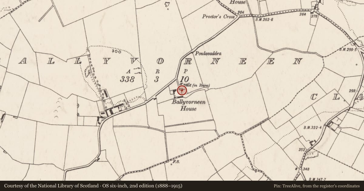 Ordnance Survey six-inch map, 2nd edition (1888–1915) covering the location of Castle - tower house, Ballyvorneen, County Limerick, with a pin at the register's coordinates