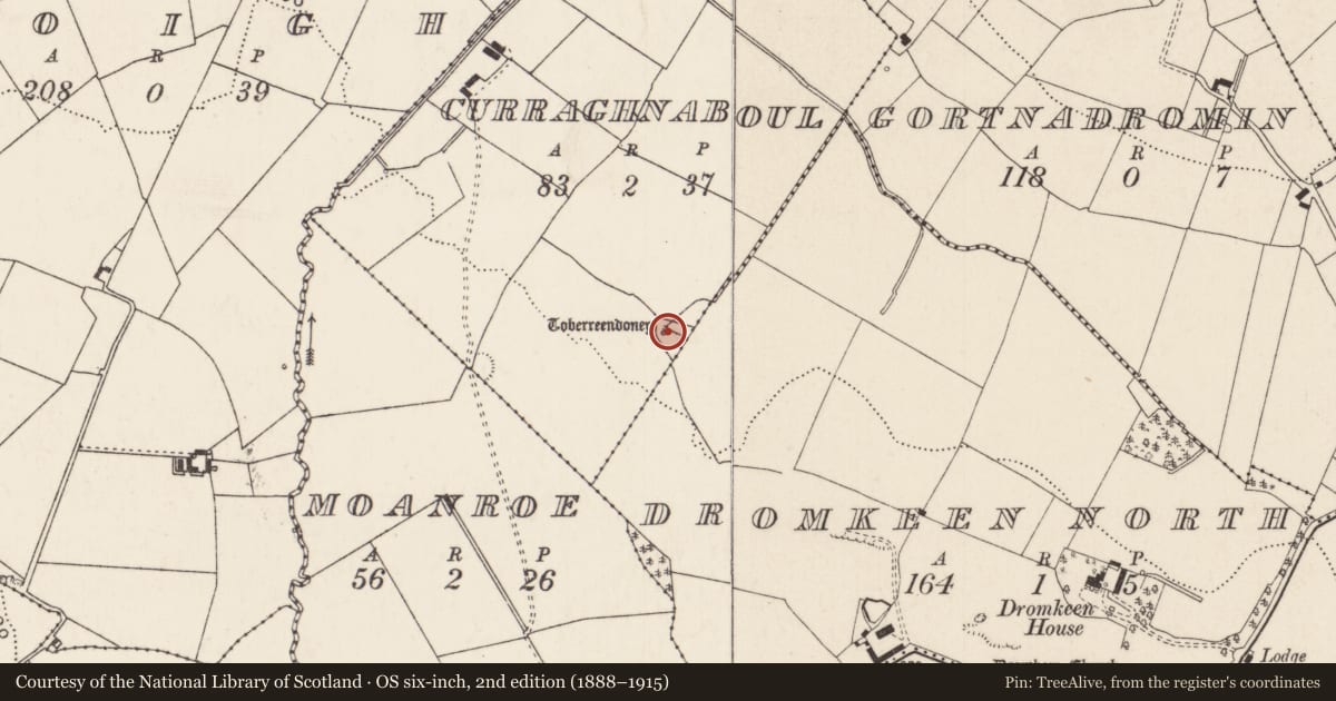 Ordnance Survey six-inch map, 2nd edition (1888–1915) covering the location of Ritual site - holy well, Curraghnaboul, County Limerick, with a pin at the register's coordinates