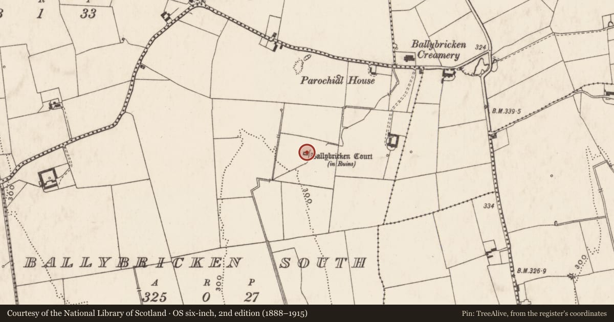 Ordnance Survey six-inch map, 2nd edition (1888–1915) covering the location of Castle - tower house, Ballybricken South, County Limerick, with a pin at the register's coordinates