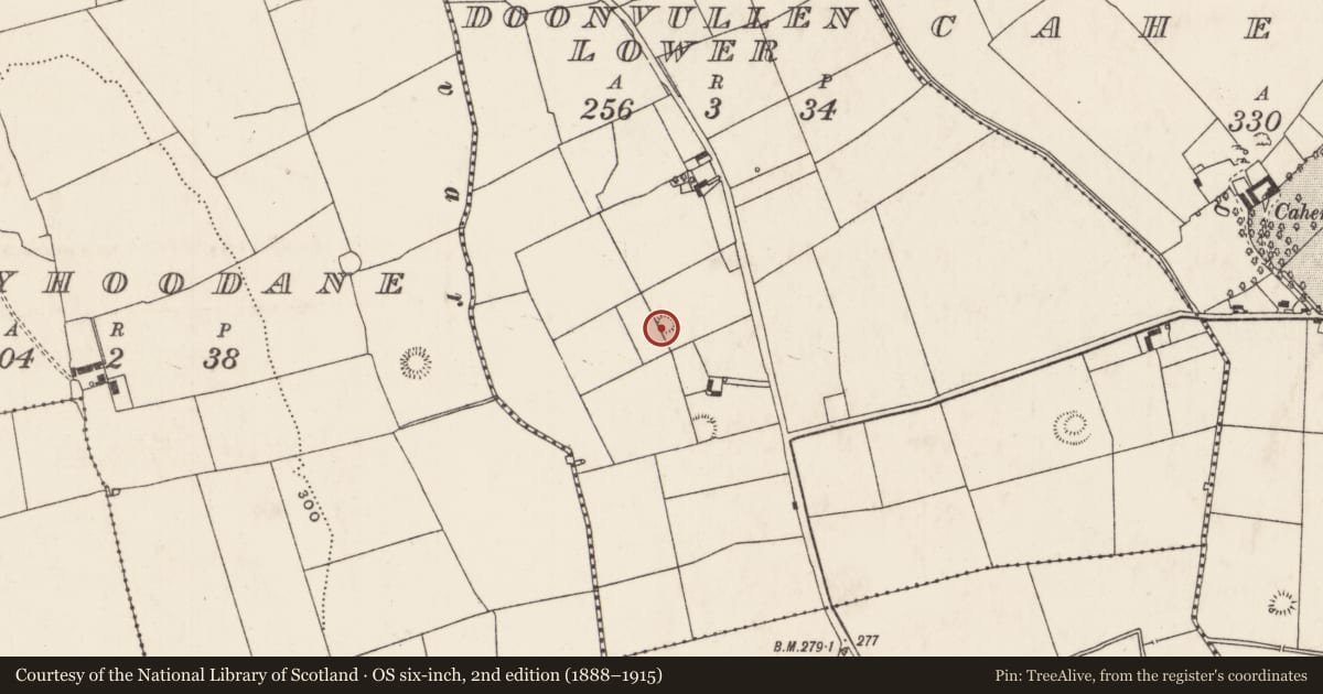 Ordnance Survey six-inch map, 2nd edition (1888–1915) covering the location of Enclosure, Doonvullen Lower, County Limerick, with a pin at the register's coordinates