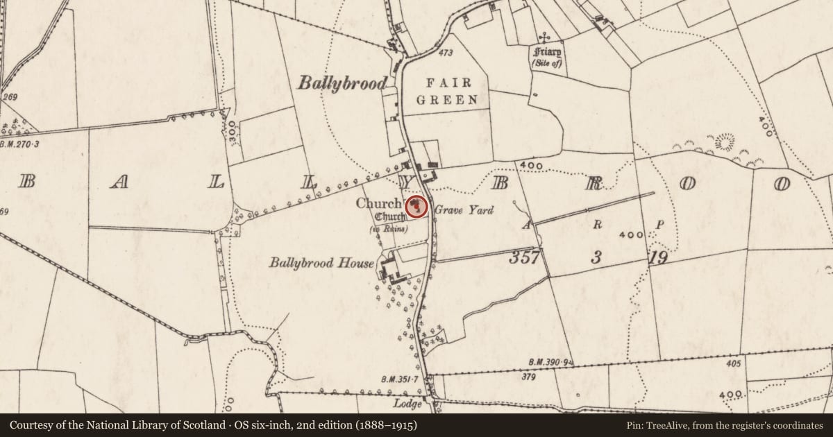 Ordnance Survey six-inch map, 2nd edition (1888–1915) covering the location of Church, Ballybrood, County Limerick, with a pin at the register's coordinates