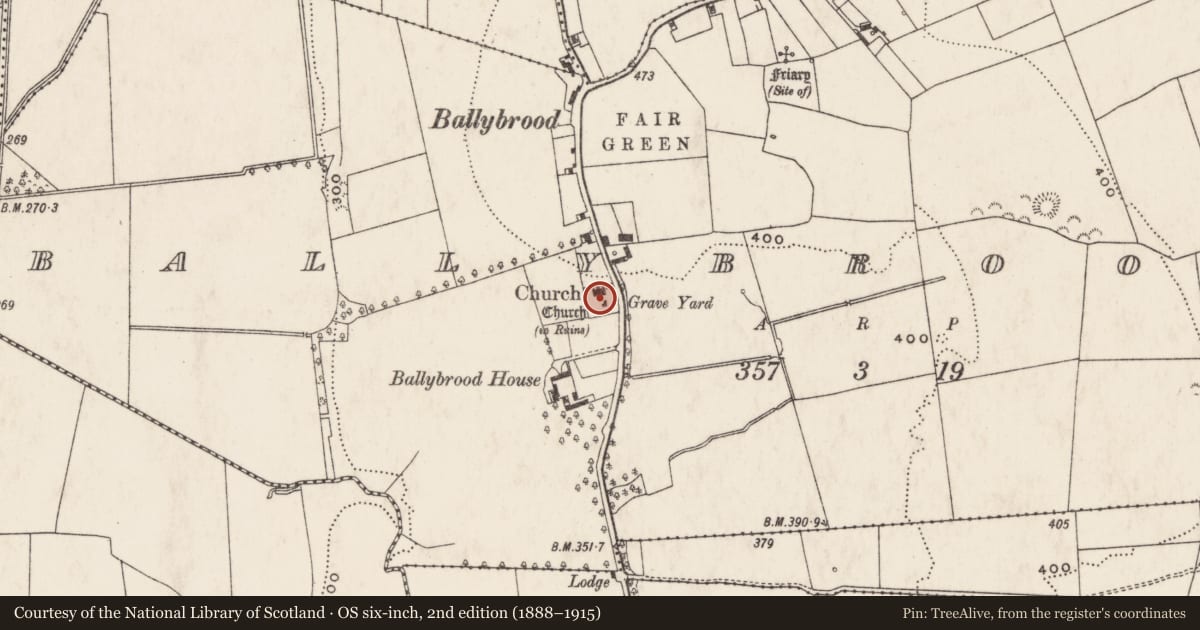 Ordnance Survey six-inch map, 2nd edition (1888–1915) covering the location of Graveyard, Ballybrood, County Limerick, with a pin at the register's coordinates