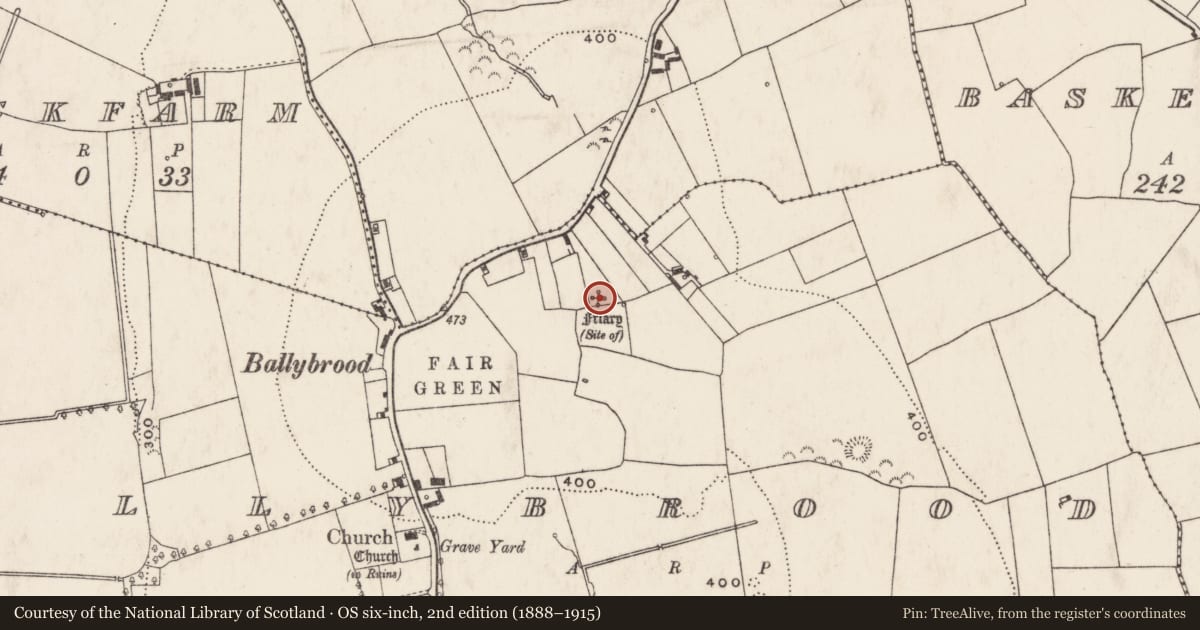 Ordnance Survey six-inch map, 2nd edition (1888–1915) covering the location of Religious house - unclassified, Ballybrood, County Limerick, with a pin at the register's coordinates
