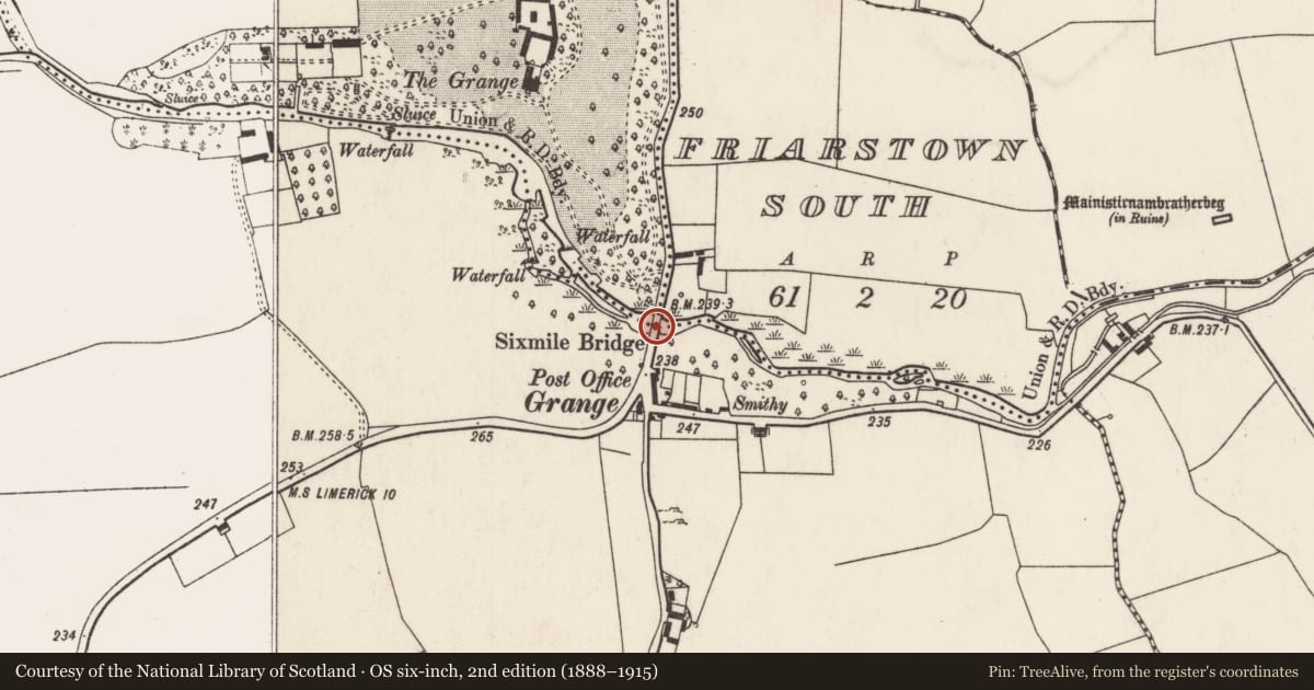 Ordnance Survey six-inch map, 2nd edition (1888–1915) covering the location of Bridge, Friarstown South, County Limerick, with a pin at the register's coordinates