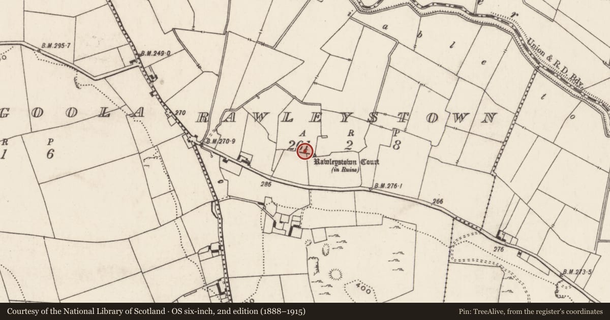 Ordnance Survey six-inch map, 2nd edition (1888–1915) covering the location of Bawn, Rawleystown, County Limerick, with a pin at the register's coordinates