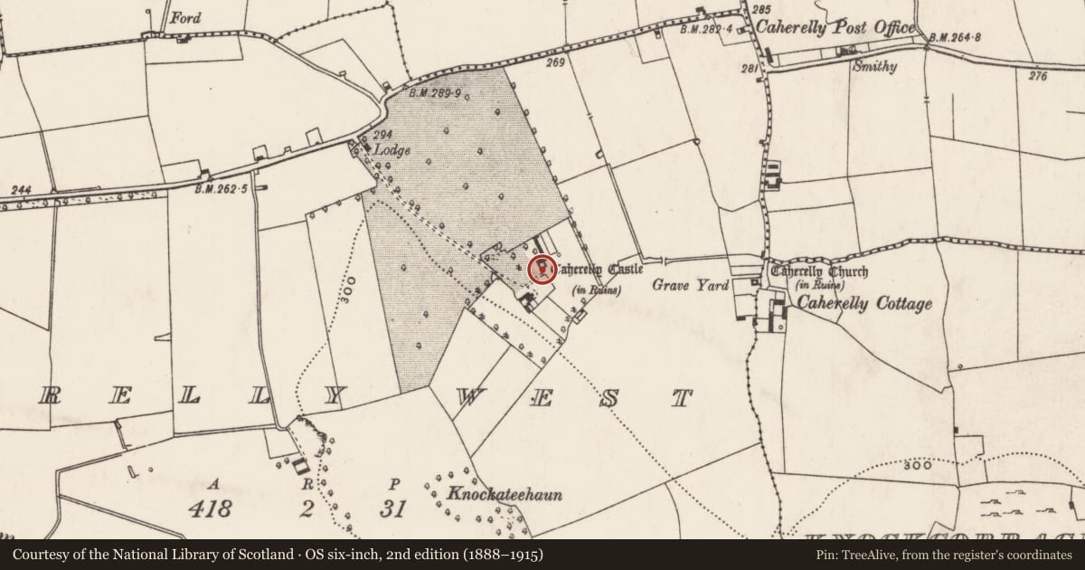 Ordnance Survey six-inch map, 2nd edition (1888–1915) covering the location of Bawn, Caherelly West, County Limerick, with a pin at the register's coordinates