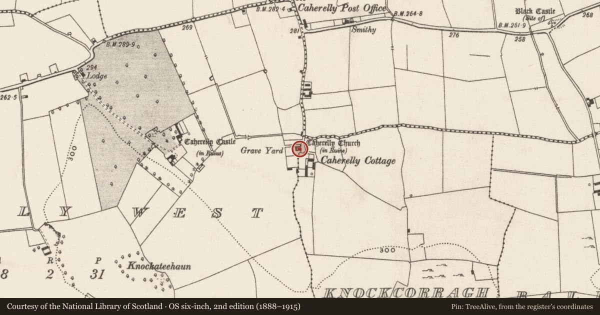 Ordnance Survey six-inch map, 2nd edition (1888–1915) covering the location of Church, Caherelly West, County Limerick, with a pin at the register's coordinates