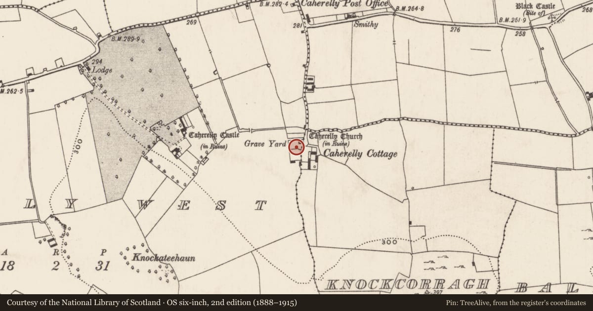 Ordnance Survey six-inch map, 2nd edition (1888–1915) covering the location of Graveyard, Caherelly West, County Limerick, with a pin at the register's coordinates