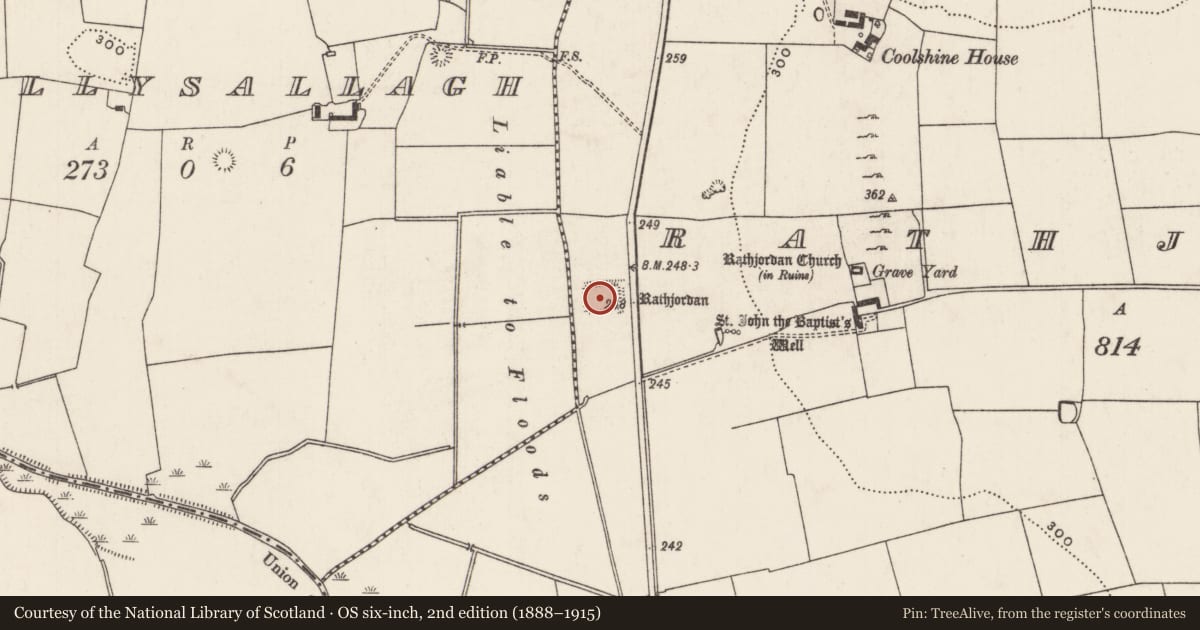 Ordnance Survey six-inch map, 2nd edition (1888–1915) covering the location of Moated site, Rathjordan, County Limerick, with a pin at the register's coordinates