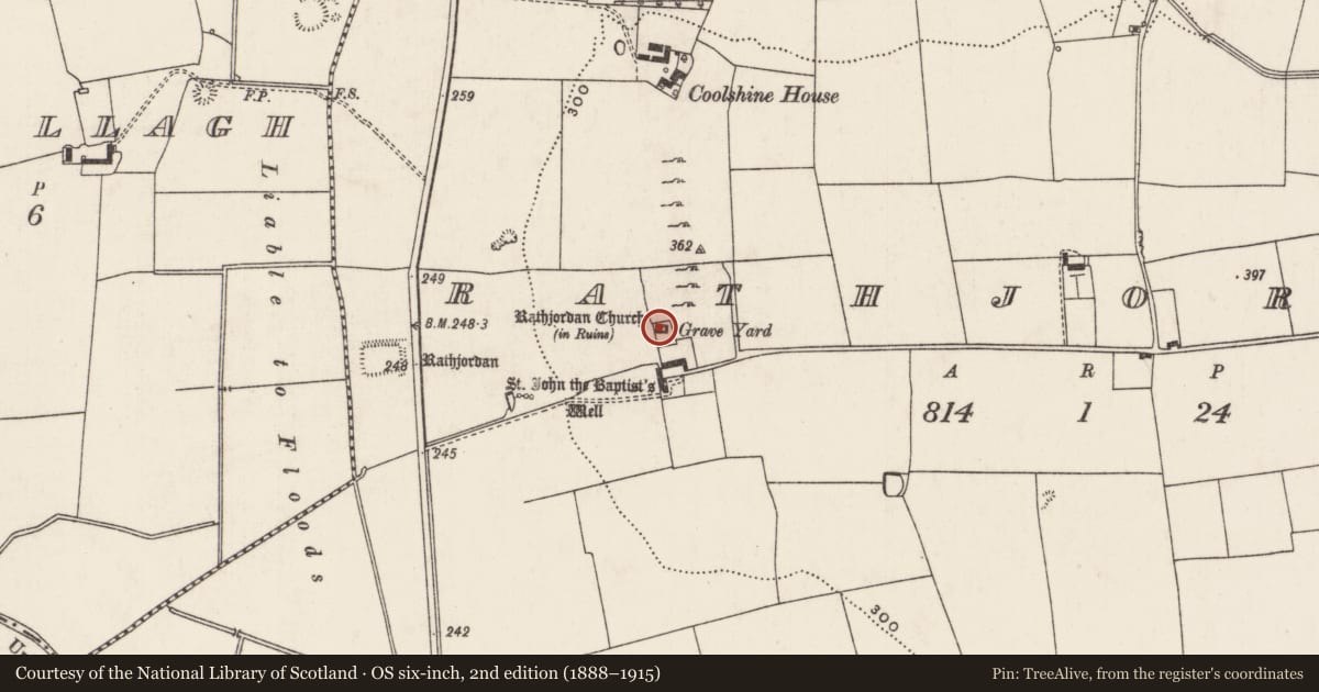 Ordnance Survey six-inch map, 2nd edition (1888–1915) covering the location of Church, Rathjordan, County Limerick, with a pin at the register's coordinates