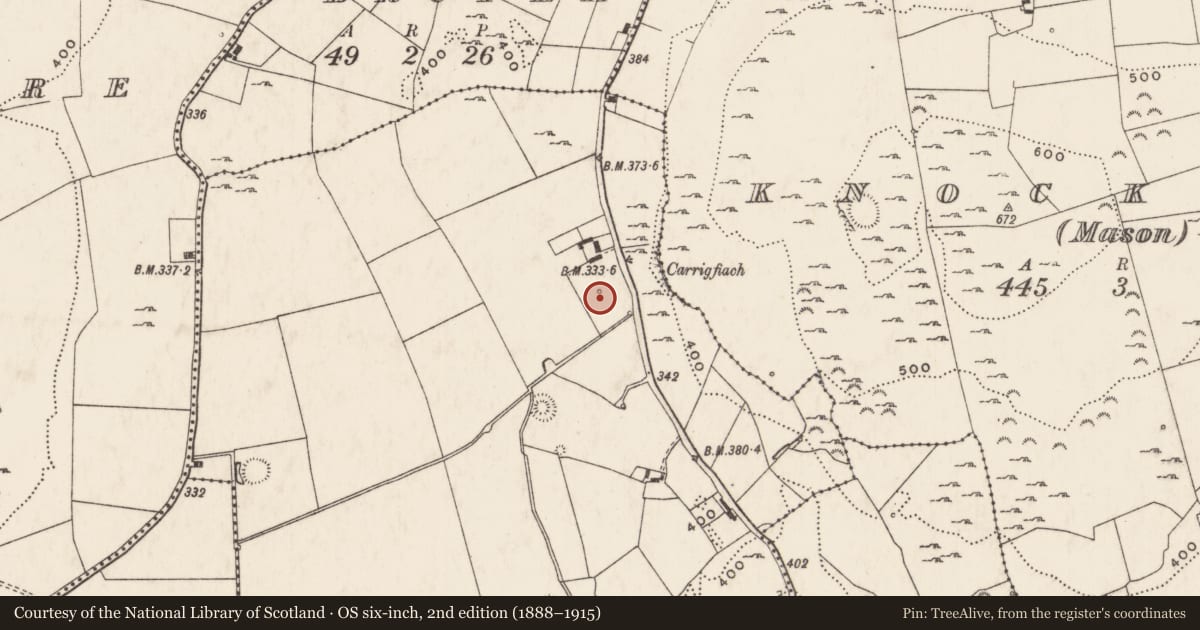Ordnance Survey six-inch map, 2nd edition (1888–1915) covering the location of Standing stone, Ballybricken West, County Limerick, with a pin at the register's coordinates