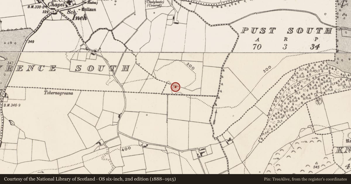 Ordnance Survey six-inch map, 2nd edition (1888–1915) covering the location of Enclosure, Inch St. Lawrence North, County Limerick, with a pin at the register's coordinates