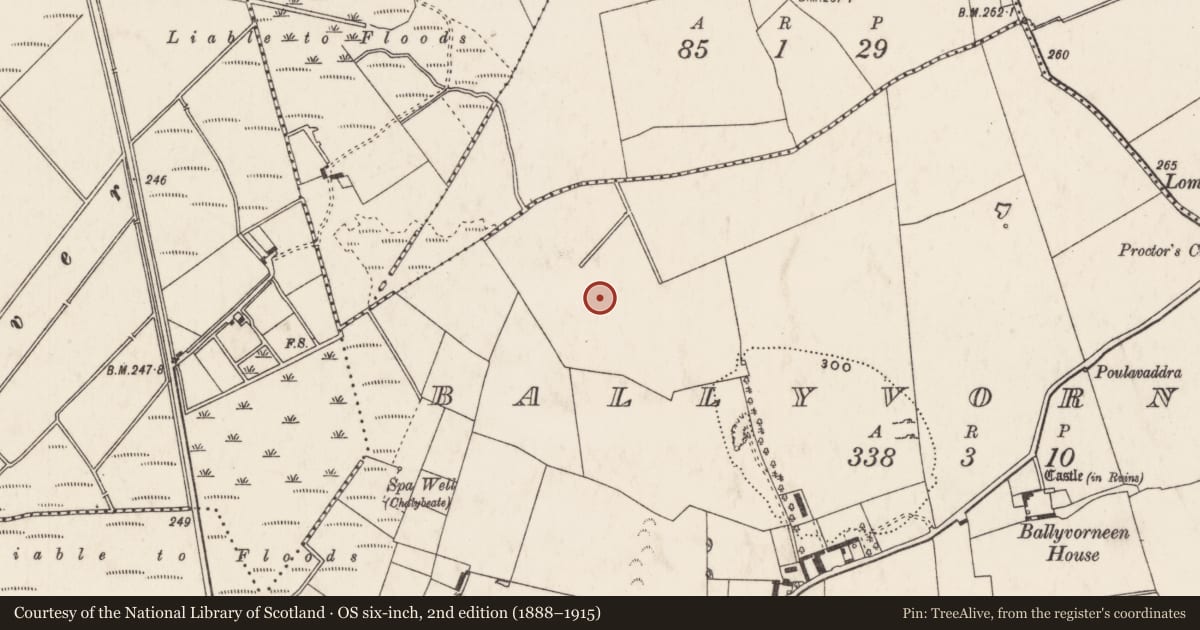 Ordnance Survey six-inch map, 2nd edition (1888–1915) covering the location of Mound, Ballyvorneen, County Limerick, with a pin at the register's coordinates