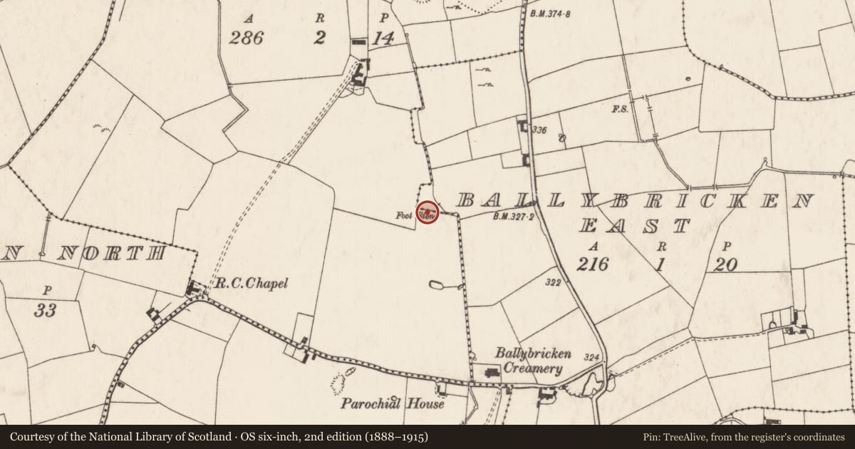 Ordnance Survey six-inch map, 2nd edition (1888–1915) covering the location of Barrow - ring-barrow, Ballybricken West, County Limerick, with a pin at the register's coordinates