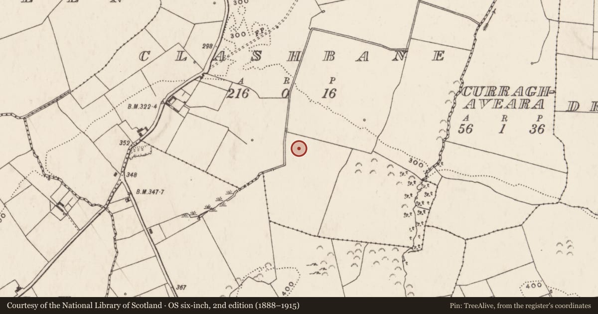 Ordnance Survey six-inch map, 2nd edition (1888–1915) covering the location of Enclosure, Clashbane, County Limerick, with a pin at the register's coordinates