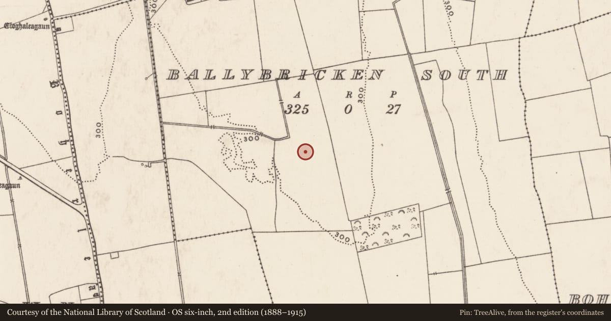 Ordnance Survey six-inch map, 2nd edition (1888–1915) covering the location of Enclosure, Ballybricken South, County Limerick, with a pin at the register's coordinates