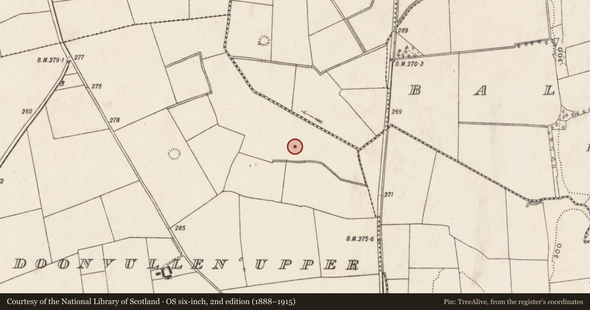 Ordnance Survey six-inch map, 2nd edition (1888–1915) covering the location of Barrow - ring-barrow, Doonvullen Upper, County Limerick, with a pin at the register's coordinates
