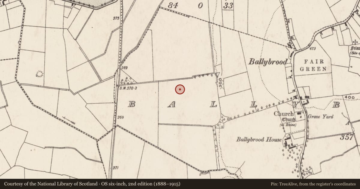 Ordnance Survey six-inch map, 2nd edition (1888–1915) covering the location of Earthwork, Ballybrood, County Limerick, with a pin at the register's coordinates