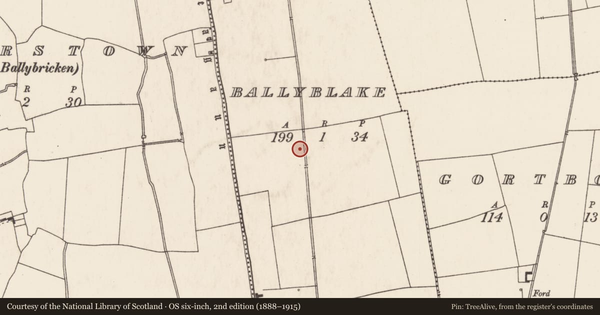Ordnance Survey six-inch map, 2nd edition (1888–1915) covering the location of Barrow - ring-barrow, Ballyblake, County Limerick, with a pin at the register's coordinates