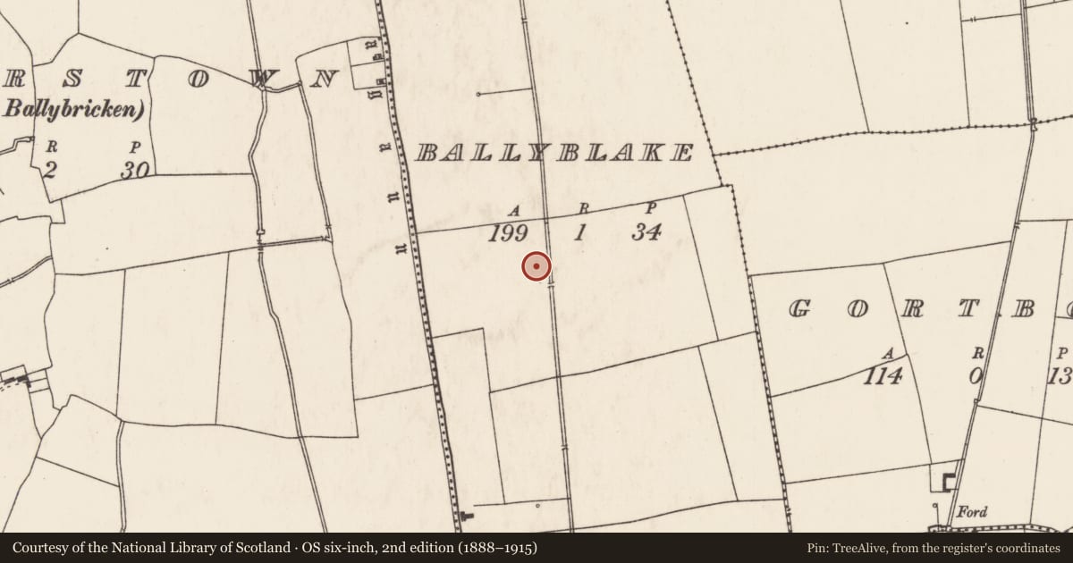 Ordnance Survey six-inch map, 2nd edition (1888–1915) covering the location of Barrow - ring-barrow, Ballyblake, County Limerick, with a pin at the register's coordinates