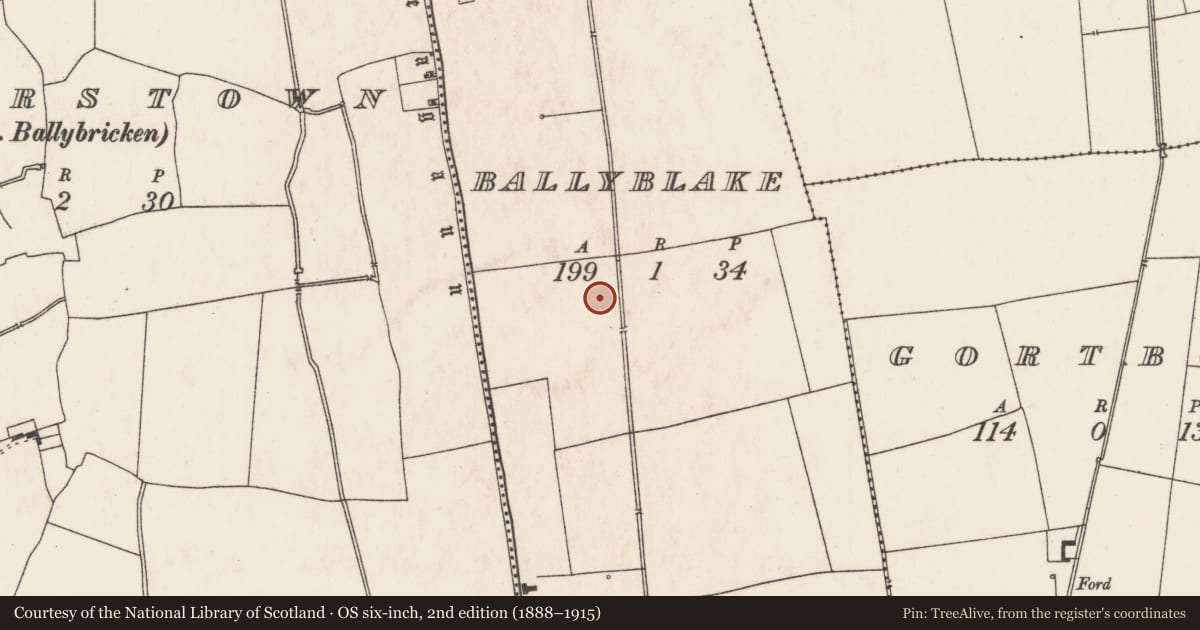 Ordnance Survey six-inch map, 2nd edition (1888–1915) covering the location of Barrow - ring-barrow, Ballyblake, County Limerick, with a pin at the register's coordinates