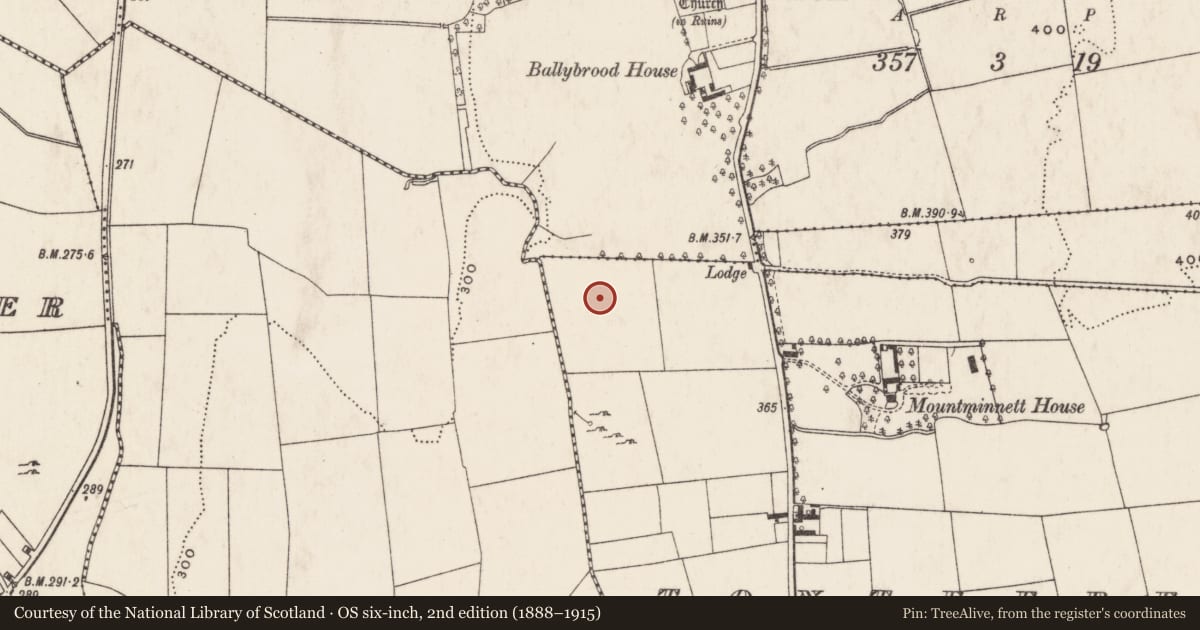 Ordnance Survey six-inch map, 2nd edition (1888–1915) covering the location of Moated site, Tonteere, County Limerick, with a pin at the register's coordinates