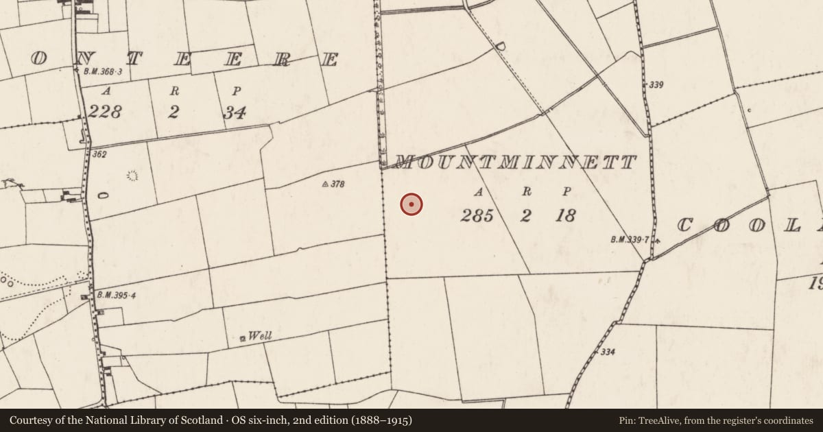 Ordnance Survey six-inch map, 2nd edition (1888–1915) covering the location of Barrow - ring-barrow, Mountminnett, County Limerick, with a pin at the register's coordinates