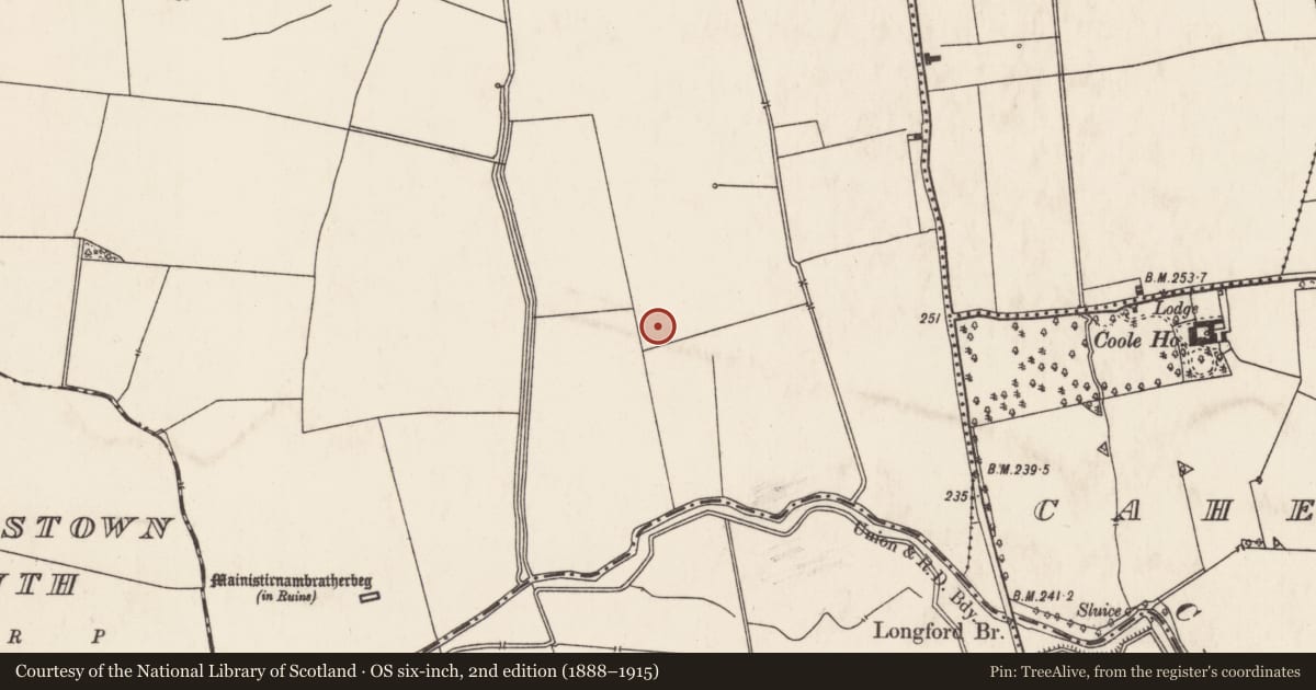 Ordnance Survey six-inch map, 2nd edition (1888–1915) covering the location of Barrow - ring-barrow, Friarstown, County Limerick, with a pin at the register's coordinates
