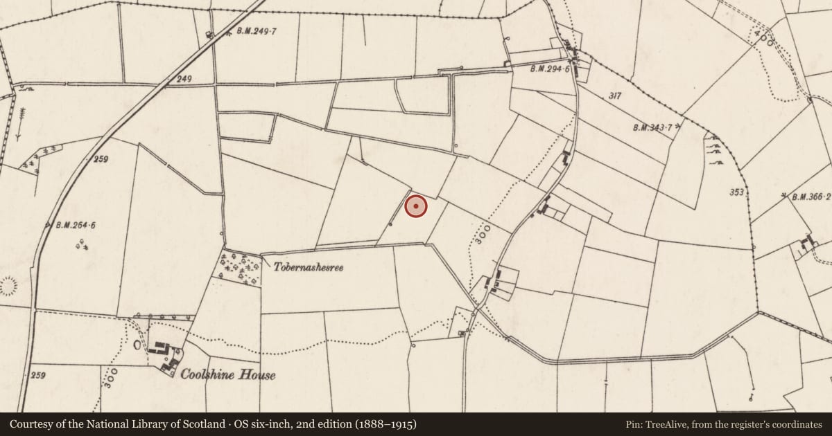 Ordnance Survey six-inch map, 2nd edition (1888–1915) covering the location of Enclosure, Rathjordan, County Limerick, with a pin at the register's coordinates