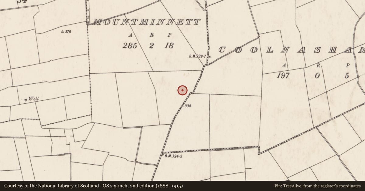 Ordnance Survey six-inch map, 2nd edition (1888–1915) covering the location of Enclosure, Mountminnett, County Limerick, with a pin at the register's coordinates
